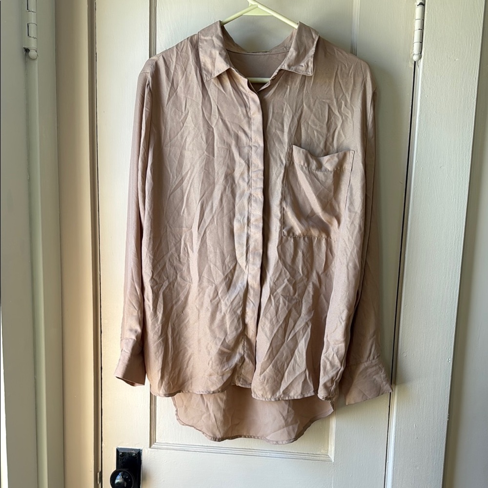 Tan Button Down Shirt with Relaxed Fit and Lightweight Fabric
